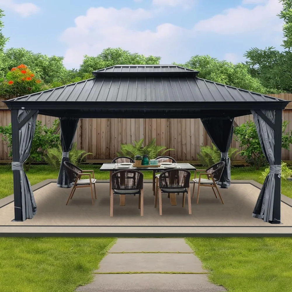 

Alexander 12' x 16' Hardtop Gazebo, Aluminum Frame with Galvanized Steel Double Roof, Outdoor Permanent Pavilion with Curtains