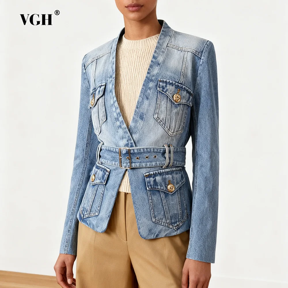

VGH повседневные утягивающие джинсовые куртки со сращенными карманами для женщин, осенняя темпераментная куртка с v-образным вырезом и длинными рукавами, женский модный стиль