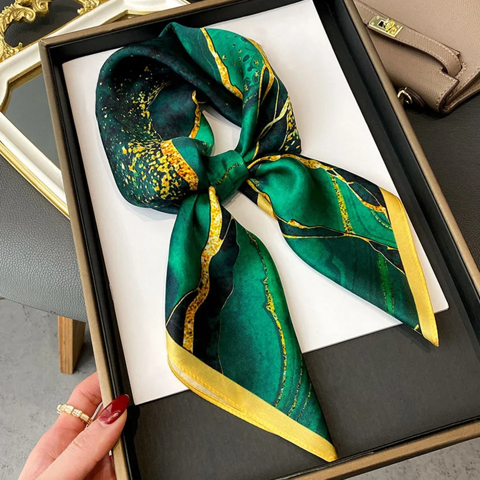 

27.5" Dark Green River Print Neckerchief Vintage Silk Square Scarf Bandana Breathable Head Wrap Hair Accessories