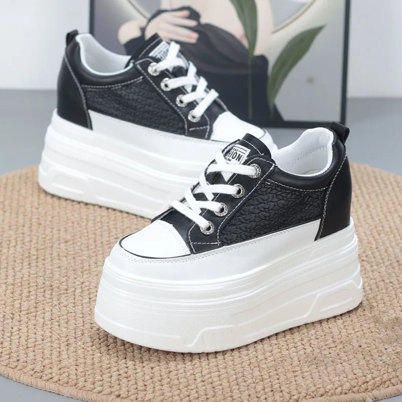 2026 New 10CM Genuine Leather Comfy Breathable Hidden Heel Flats Skate Board Platform Wedge Sneakers Vulcanized Chunky Shoes - view 4