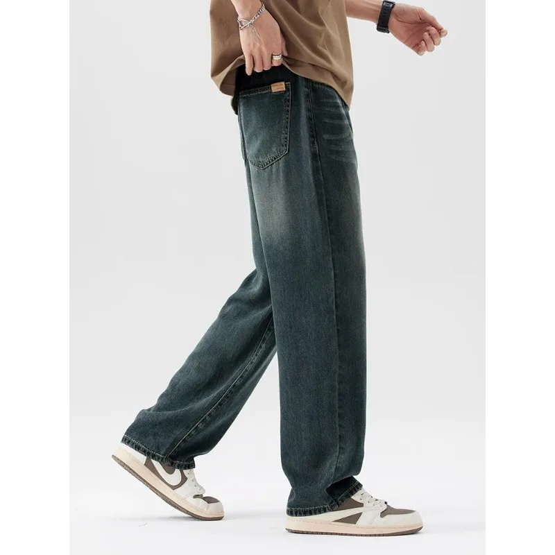 Primavera Verano pantalones vaqueros sueltos finos para hombres Lyocell drapeados suaves pantalones sueltos de moda Streetswear Vintage recto Y2K pantalones vaqueros