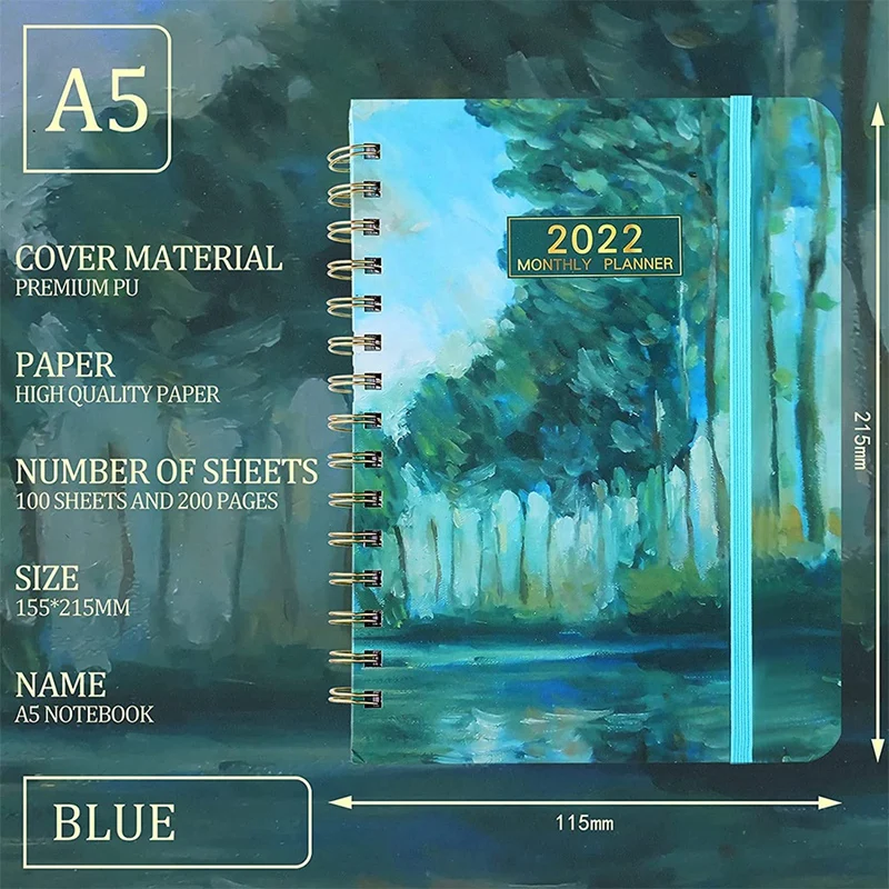 Planer miesięczny - notatnik A5 z planerem tygodniowym i miesięcznym z zakładkami miesięcznymi, elastycznym zamknięciem i wewnętrzną kieszenią