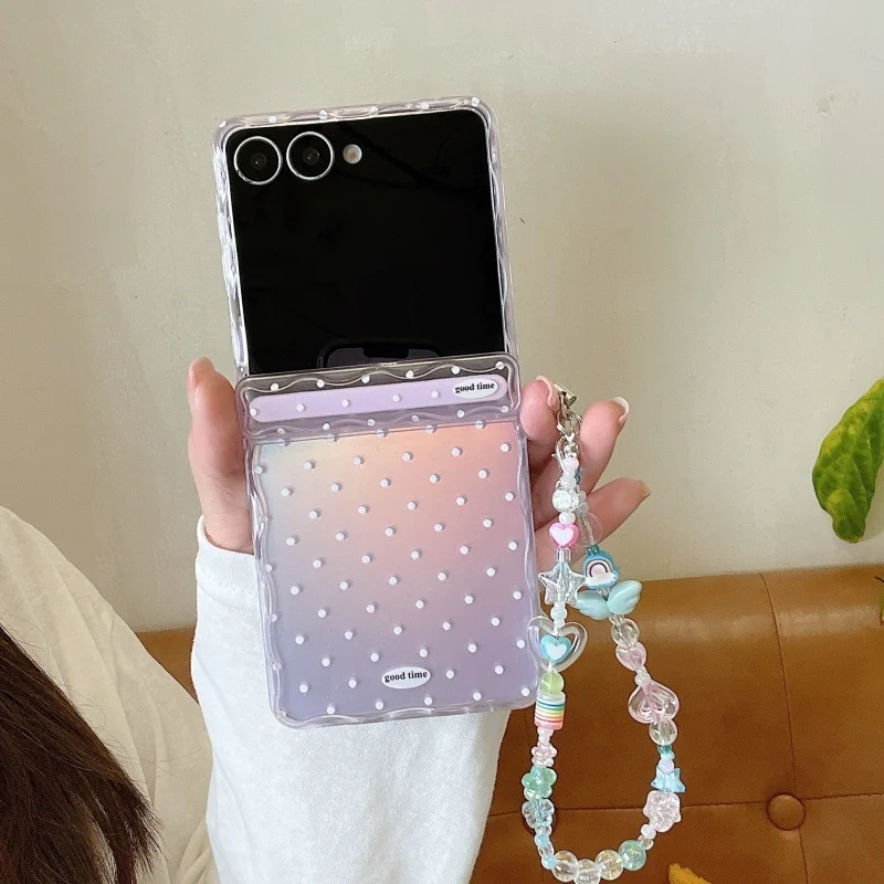 

Clear Purple Laser Polka Dots Cute Phone Case For Samsung Galaxy Z Flip 7 6 5 Z Flip6 ZFlip7 Cover with Chain Kawaii Hinge Cases