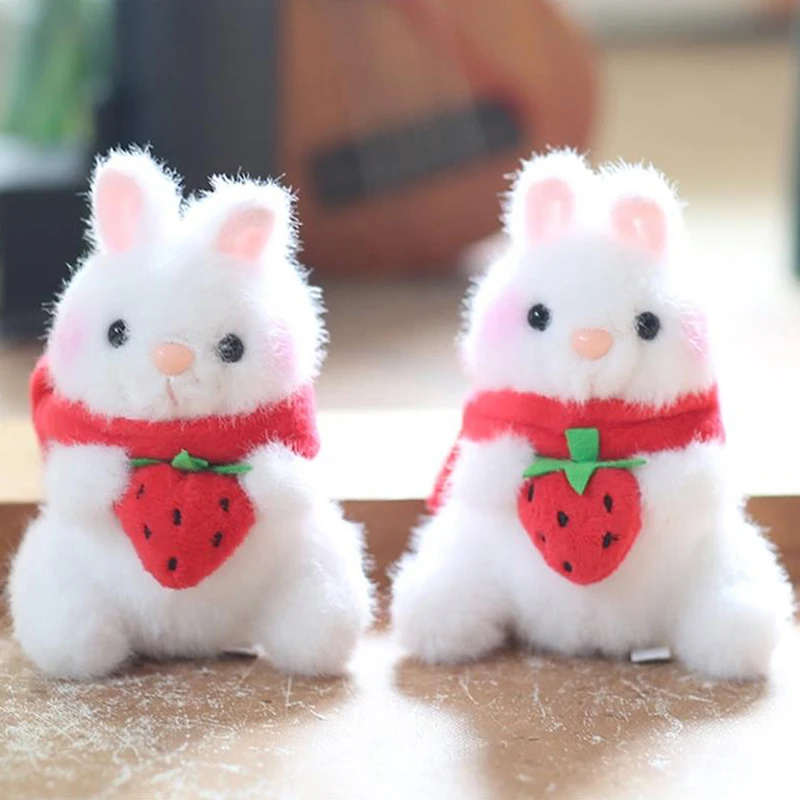 Cute Strawberry Rabbit Bunny Plush Doll Soft Ragdoll Keychain Lanyard Pendant Girly Bag Hanging Ornaments Stuffed Toy Kids Gifts