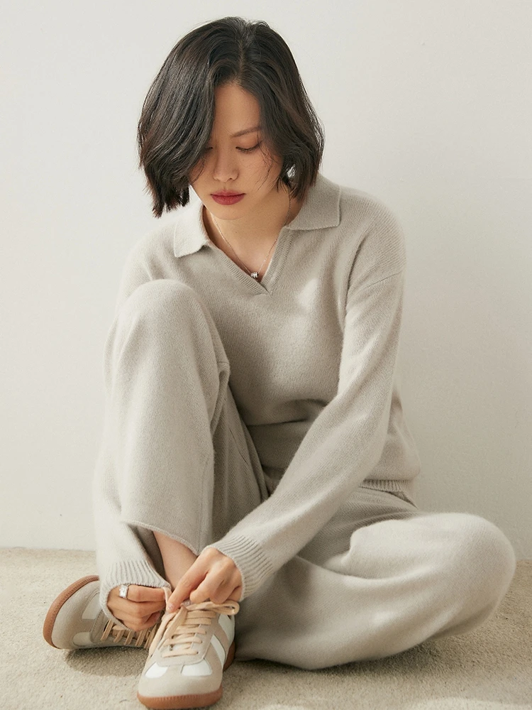 Women's Polo Collar Pullover and Pants Sets 100% Cashmere Sweater Autumn Winter Thick Cashmere Wide Leg Trousers Knitted Tops