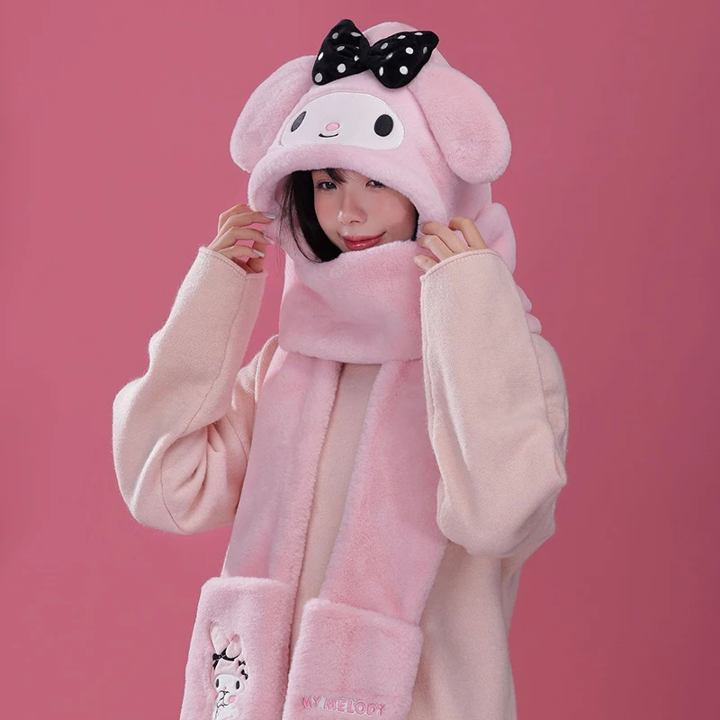 Miniso My Melody Winter Teenage Pupil Hat Scarf Gloves Three Pieces Woman Cap 3 In1 Women Bib Girl Headcap Mother-Girl Warm Gift