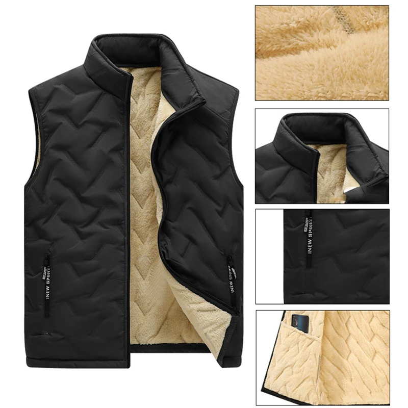 5XL Men's Autumn Winter Fashion Vest Jacket Solid Color Warm Stand Collar Sleeveless Jacket Male Multiple Pockets Jacket Outwear