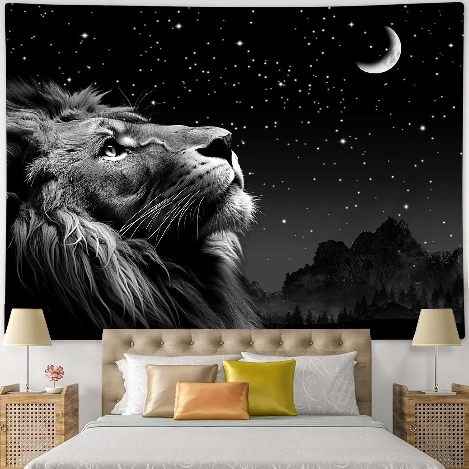 Boziqr Cool Lion Wall Hanging، لوحة فنية جدارية على شكل نجوم الفضاء والقمر للرجال، معلقة على الحائط باللون الأسود الجمالي لغرفة النوم وغرفة المعيشة والنوم Ro