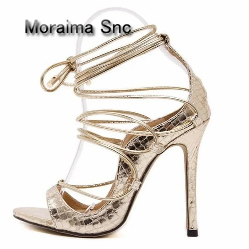 

Moraima Snc Wedding Shoes Lace Up High Heels Sandals Women Sliver Gold Sandals T-Tied Animal Prints Ladies Shoes Summer