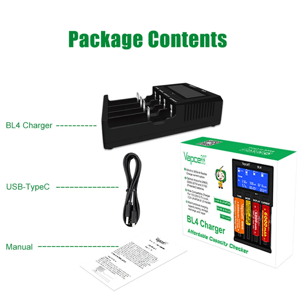 Оригинальное зарядное устройство Vapcell BL4, 4 слота, 9 В, 3 А, быстрая зарядка, 5 функций, порт Type-C для аккумулятора 18650 21700 18350 20700