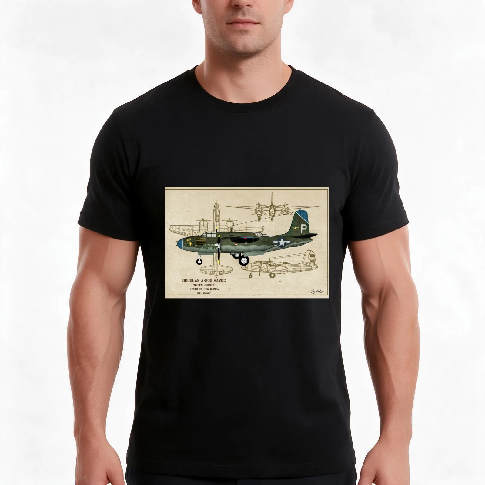 Douglas A-20J Havoc Green Hornet Profile 9th Air Force T-Shirt, Summer Casual Cotton Tee, Oversized Streetwear Tops, 100% Cotton