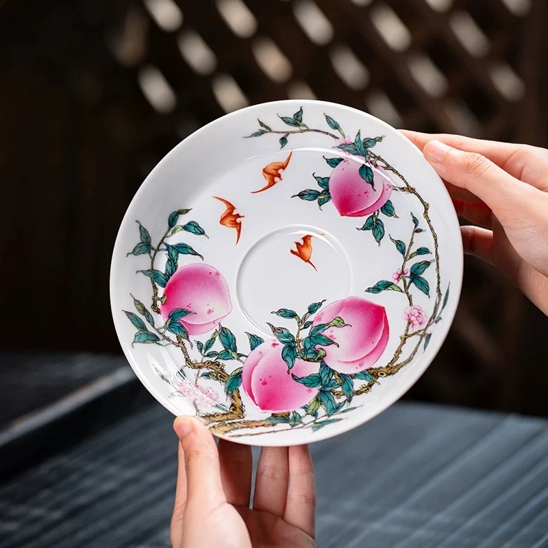 Ceramic pot bearing hand-painted high-end enamel color longevity peach cover bowl bottom holder Kung Fu tea accessories