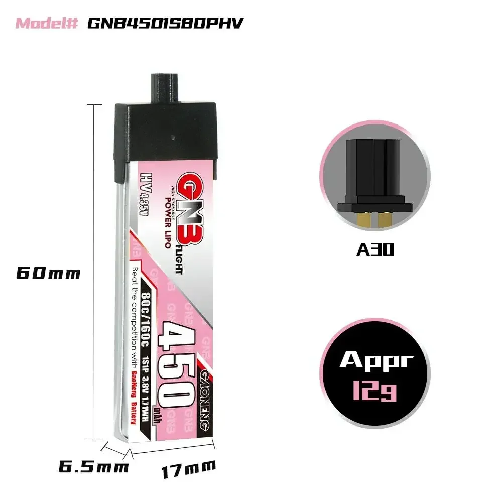 6PCS GNB 450mAh 1S 3.8V 80C HV 4.35V Lipo Battery With High Current A30 Plug For RC FPV Drone DIY Parts VS BETAFPV BT2.0