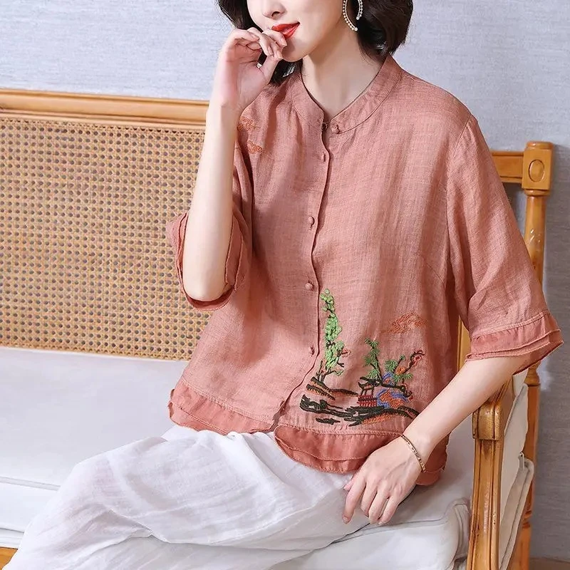 

Retro Ramie Embroidered T-shirt Women Ethnic Style Summer Clothes Loose Small Stand Collar Top Chic Cardigan ZT447