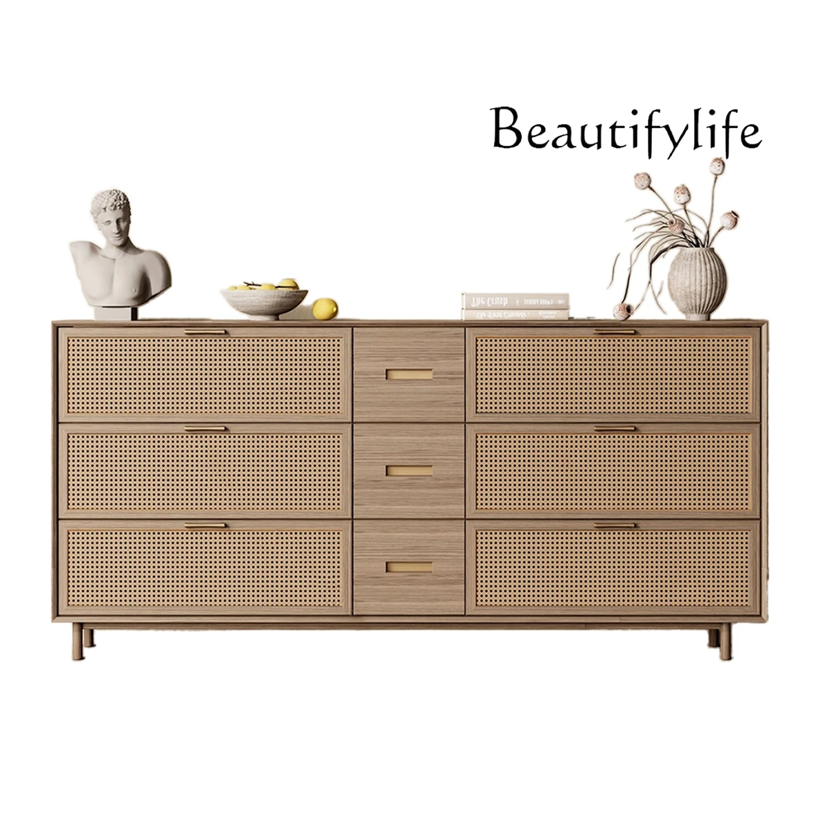 

Japanese-style medieval solid wood multi-functional dining side cabinet household living room simple rattan porch decorative