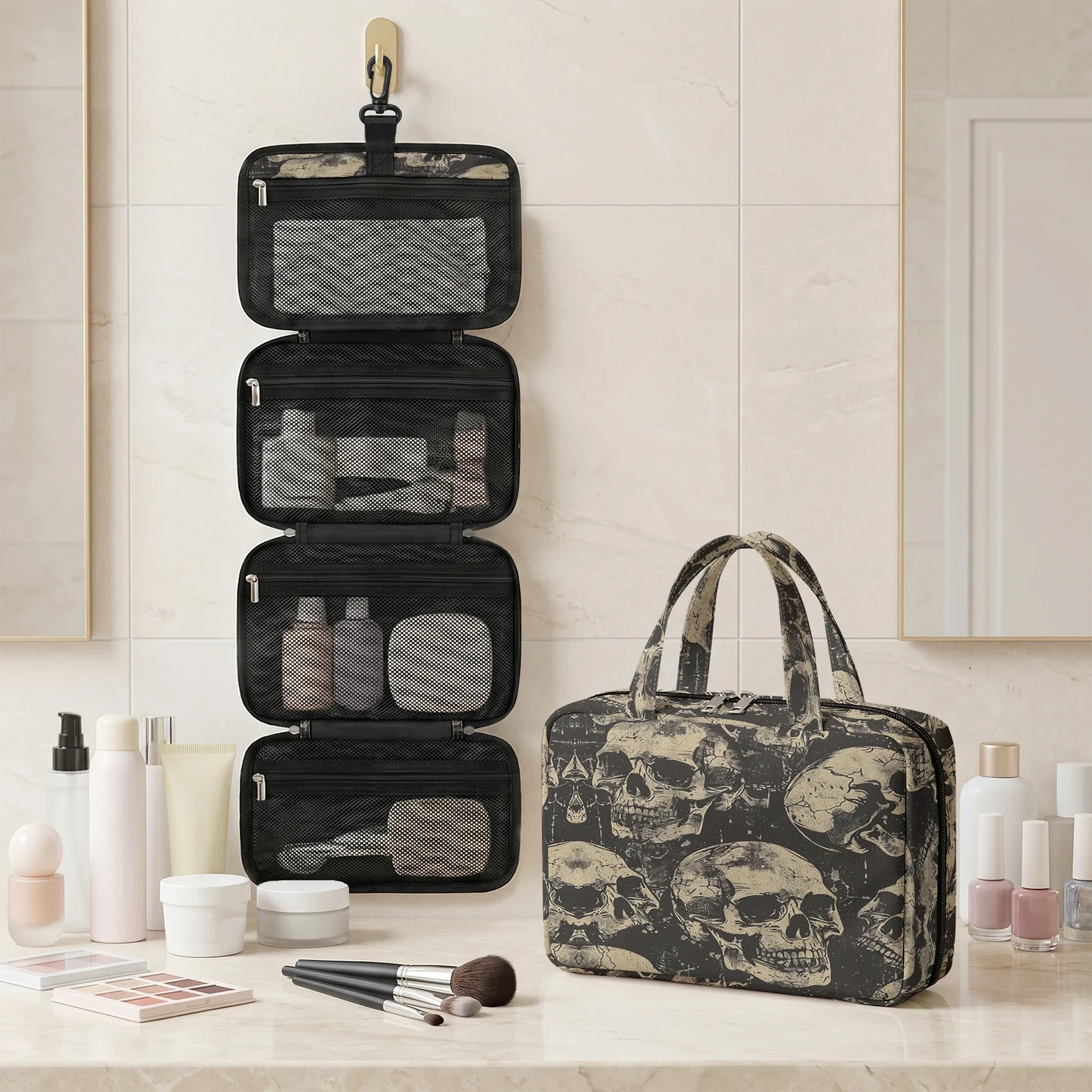 Vintage Skull Print Hanging Cosmetic Bag Foldable Multi Pocket Toiletry Bag For Travel Daily Use