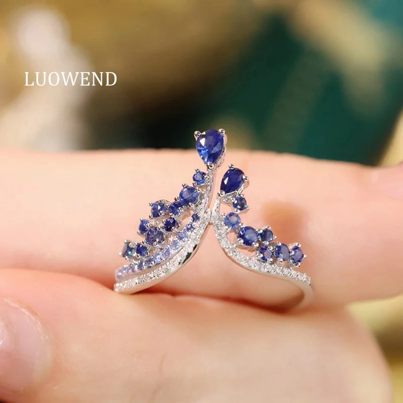 

LUOWEND 18K White Gold Rings Elegant Princess Crown Design Shiny Diamond Natural Sapphire Ring for Women High Engagement Jewelry