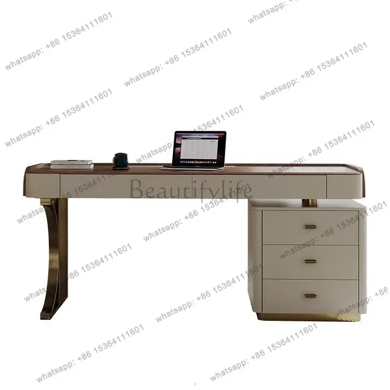 

Light luxury solid wood desk saddle leather office walnut bedroom study table