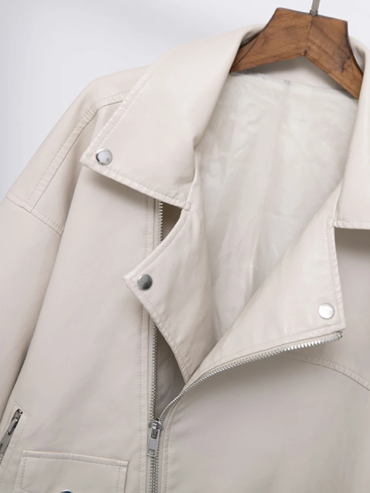 Fitaylor Autumn Women Faux Leather Jacket Casual Loose Soft Pu Motorcycle Punk Leather Coat Female Zipper Rivet Outerwear
