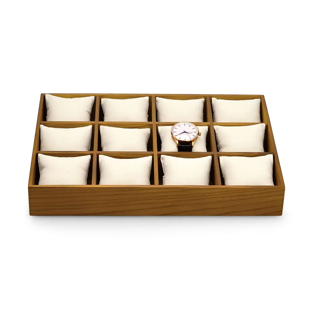 

YOYAI Watch Display Tray 12 Grids Wooden Jewelry Organizer with Velvet Removable Pillows Stackable Display Case Bracelet Bang