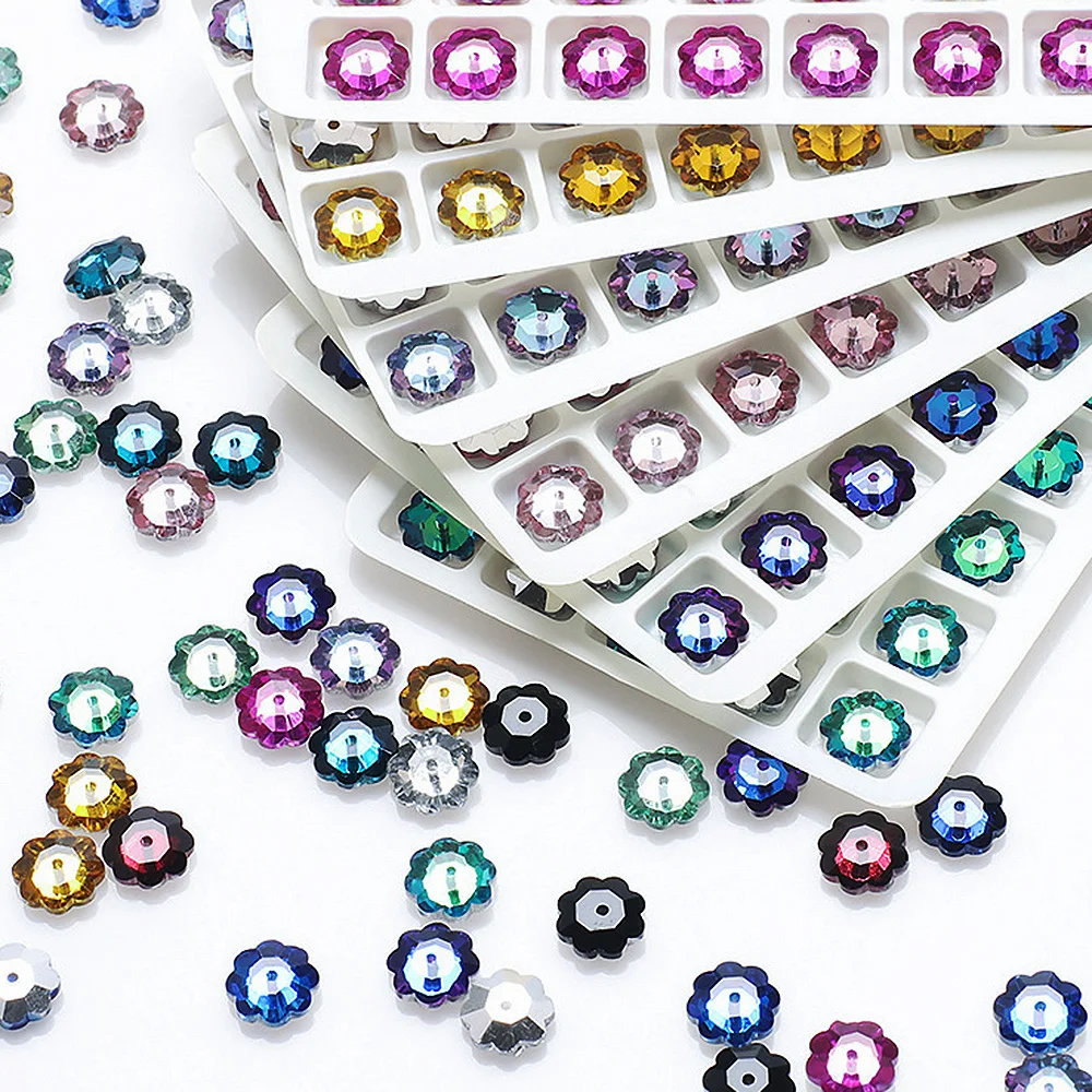 30 Stück 6mm-10mm Flache Rückseite Mittelloch Näh-Strasssteine Glänzende Kristalle Strassperlen zum Aufnähen auf Kleidung Stoff Edelsteine – Detail 3