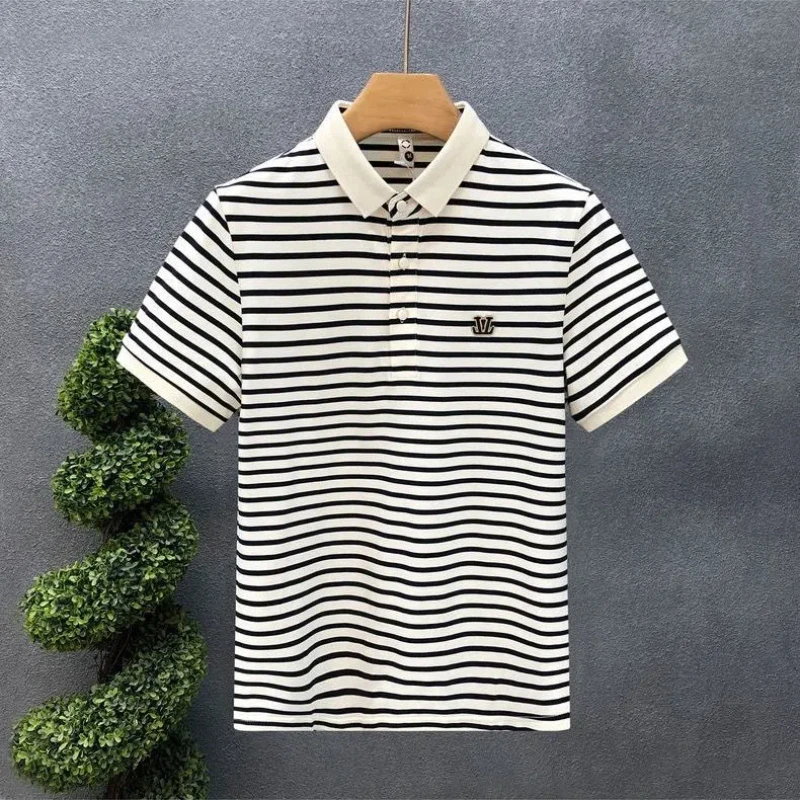 

Striped Men's 2024 New Summer Spliced Polo Shirt Button Fashion Slim Minimalist Comfortable Casual Short Sleeved T-shirt Tops