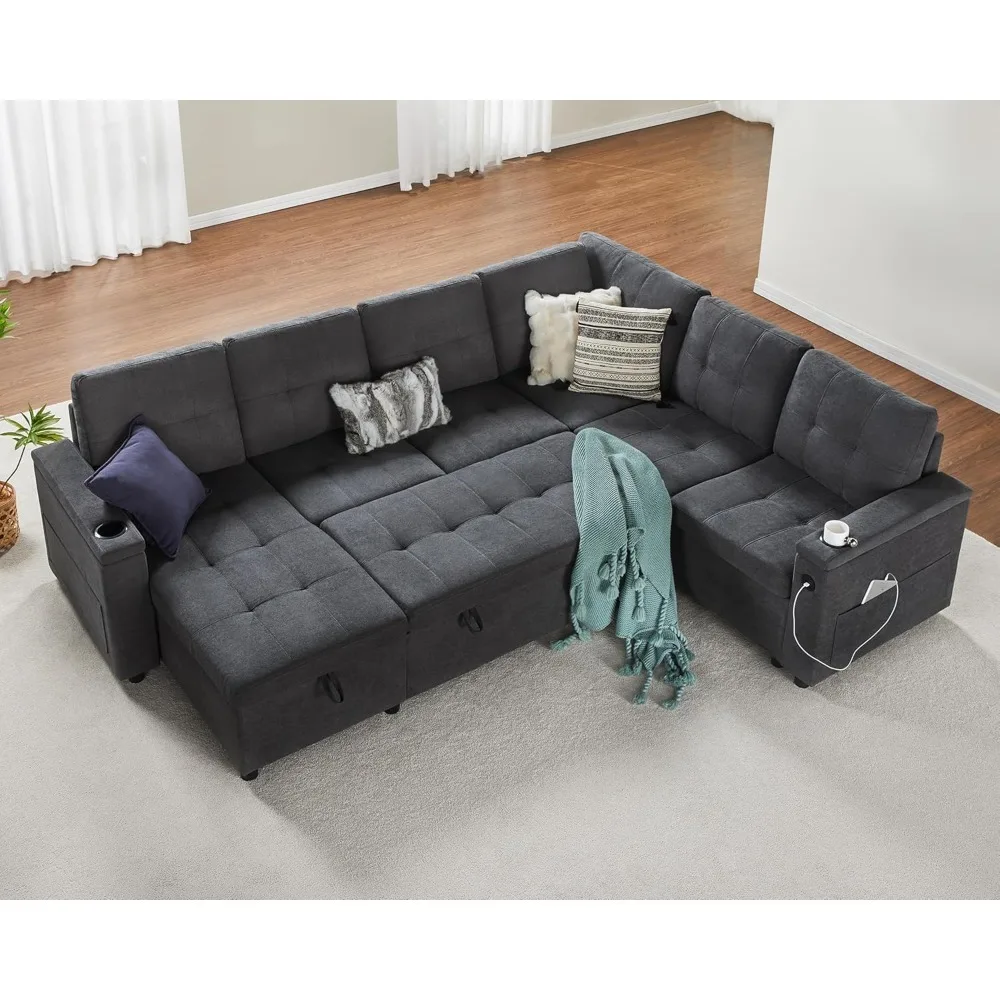 Multi-Functional Sofa Bed , 110 inch Sleeper Sofa with USB Charging Ports & Cup Holders , U-Shaped Sectional Couch with Storage