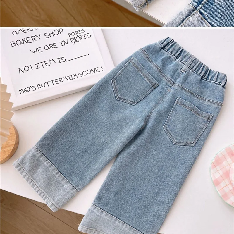 2-7Y Summer Girls Loose Solid Color Jeans Casual Pants Wide Pants Kids Girls Denim Pants