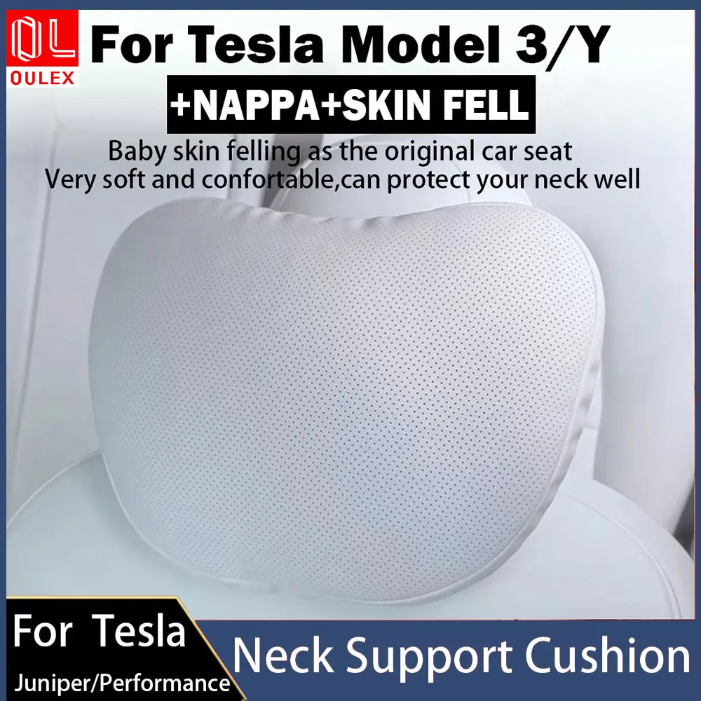 Image of Für Tesla Model 3/Y Juniper Beflocktes/Leder-Autositz-Nackenkissen Weiches Memory-Nackenkissen Hochwertige Kopfstütze Lendenwirbelstütze