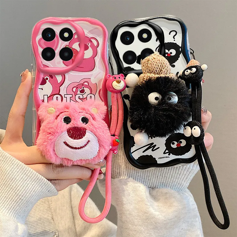 for Honor X6A X7 X8B Doll plush ball curved edge wavy cover cute cartoon pattern case With bracelet