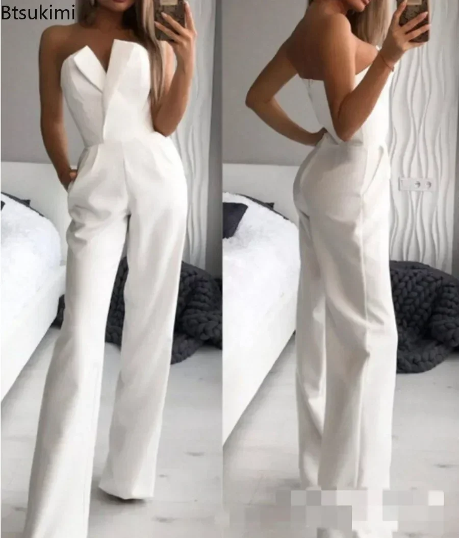 2024 Women\'s Elegant Jumpsuits Solid Off Shoulder Sexy Club Jumpsuit Female Sleeveless High Waist Slim Wide Leg Jumpsuit Pants