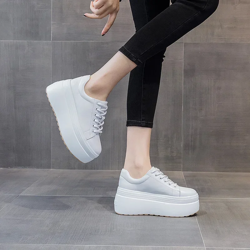 Autumn Genuine Leather Women Casual Shoes Super Thick 8CM Platform Wedge Women Fashion Sneakers Chunky Shoes Summer Skateboard