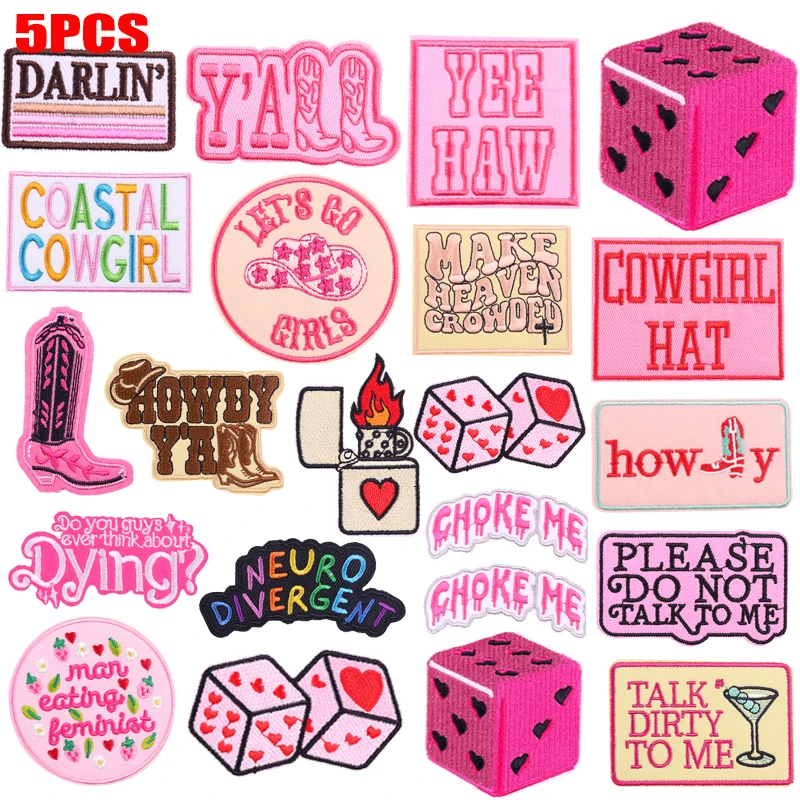 5PCS/Set Pink Letters Patch Western Cowboys Embroidered Patches For Clothes Cartoon Patch Iron On Patches For Clothing Jeans DIY