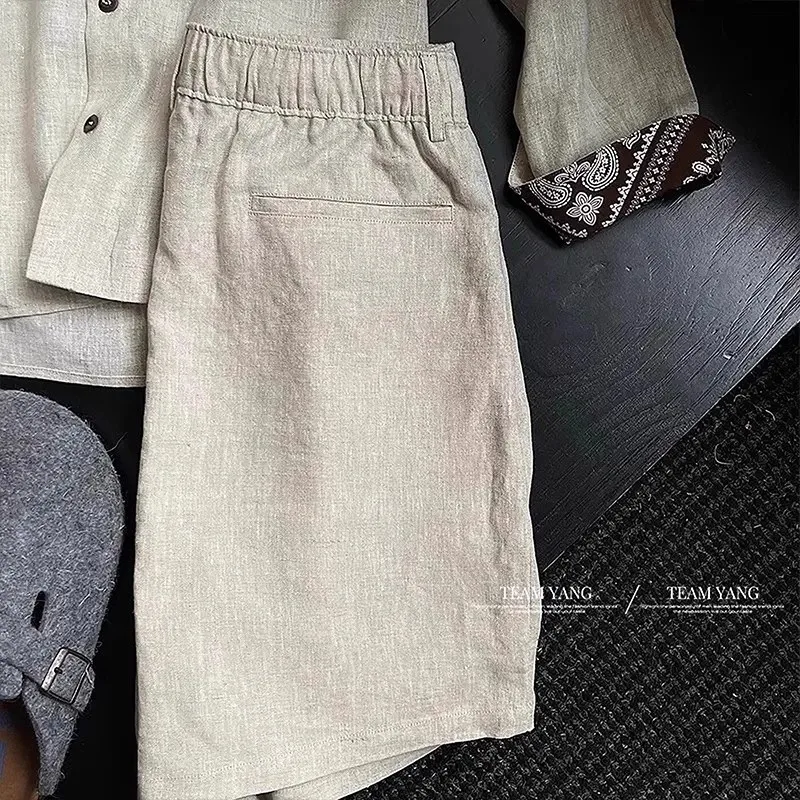 Men's Summer Lightweight Breathable Drawstring Linen Suit Shorts with a High-End Feel, Ice Silk Casual Knee-Length Shorts