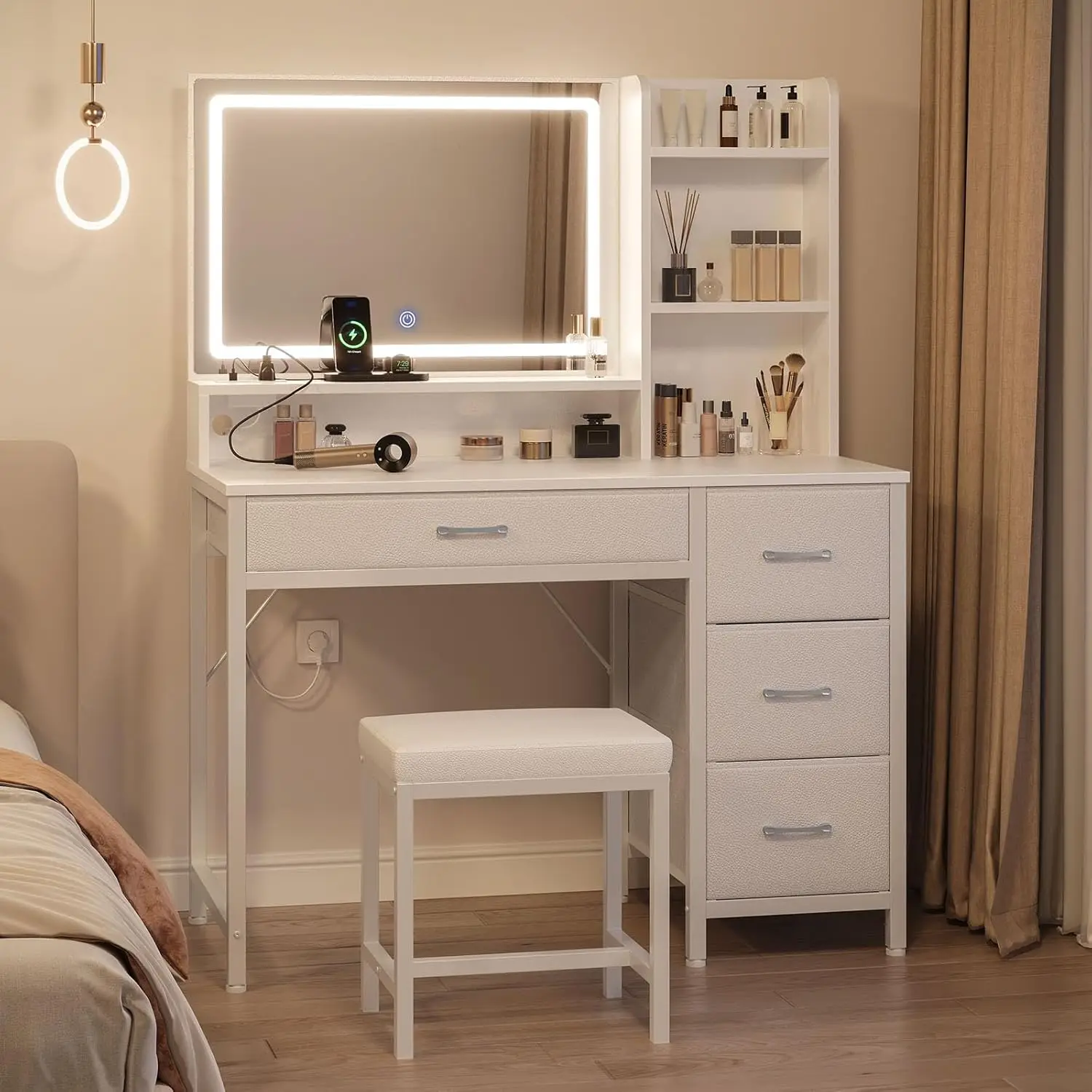 Vanity Desk con specchio e luci, trucco con sgabello imbottito, 4 cassetti, prese di corrente, set con 4 Com