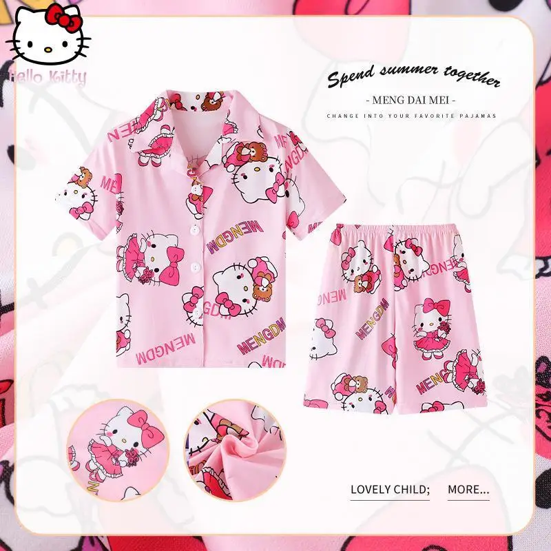 

Hello Kitty Animal Pochacco Children's Pajamas 2Pcs Kuromi Girls Kawaii Cartoon Cotton Short Sleeved Shorts Home Wear Set