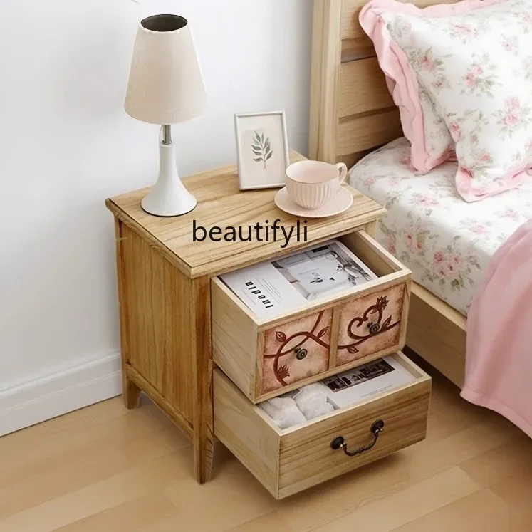 

D80 Pastoral solid wood bedside table household bedroom new cream wind bedside table