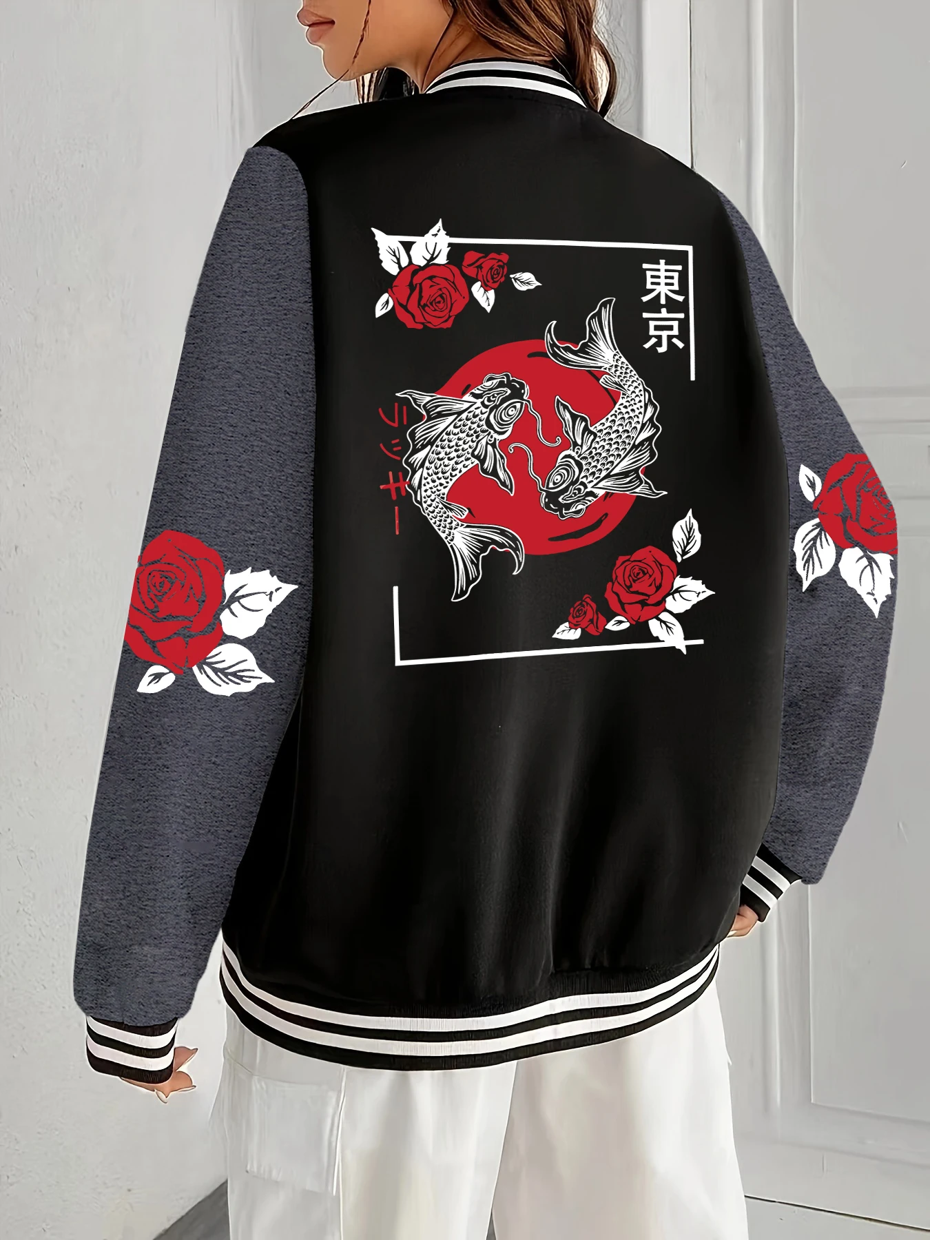 

Tokyo Koi Fish Rose куртки с узором в стиле Харадзюку женская спортивная теплая куртка свободный бейсбольный трикотаж в стиле хип-хоп мягкая модная спортивная одежда