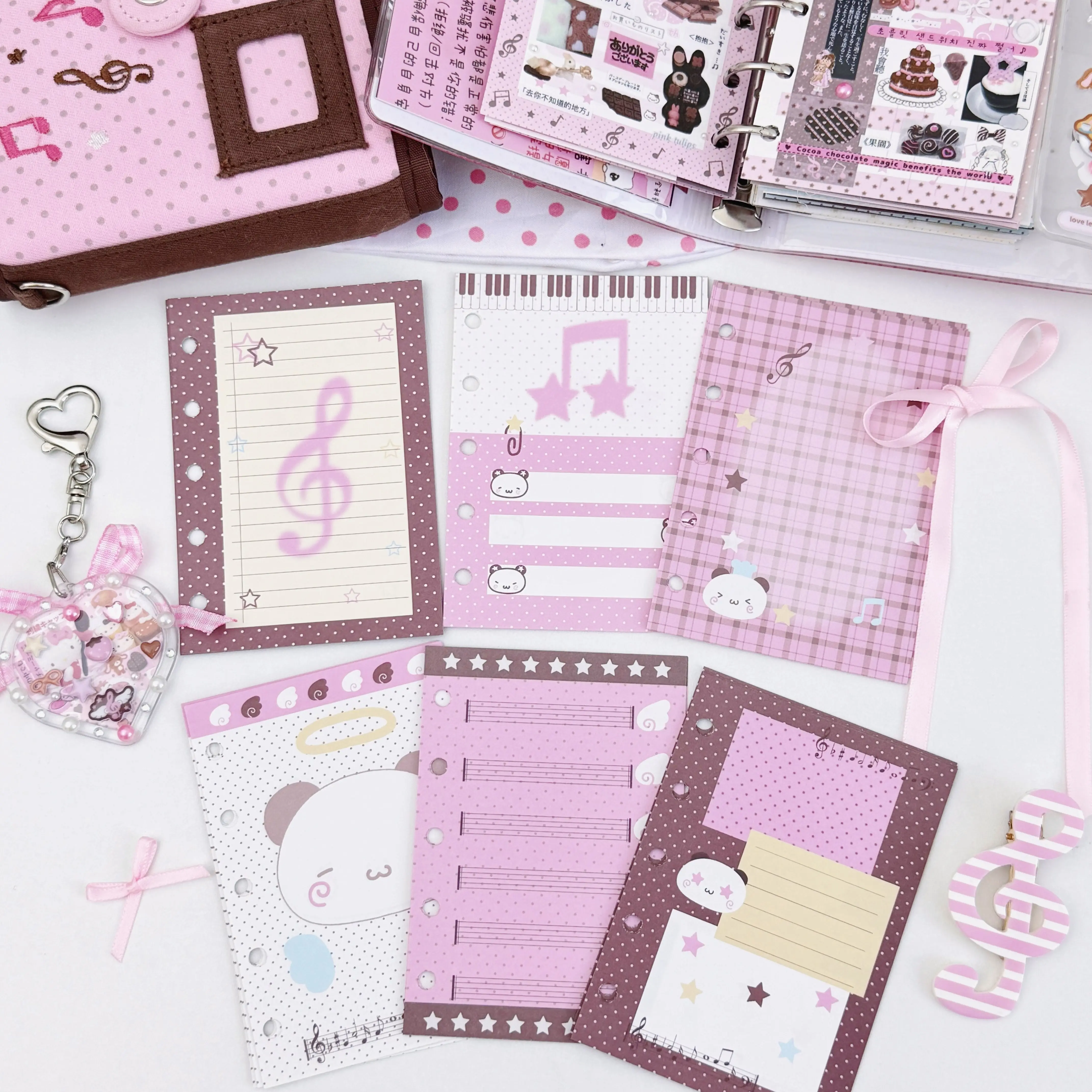 M5 Planner Inserts Cute Pink Brown Panda Music Note Theme 60pcs Prepunched Hole Refill Paper for Journal Pages Ring Binder