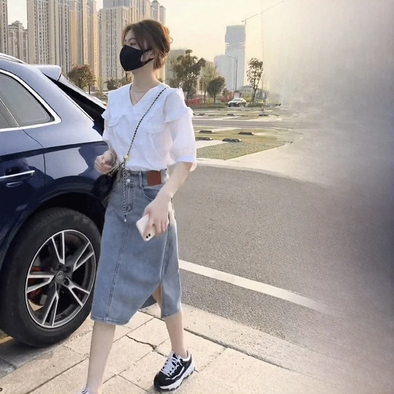 

Stylish Half-Skirt Denim Set Beautiful Two-Piece Goddess Style Summer Fashion Trendy A-Line Top And Skirt Ensemble
