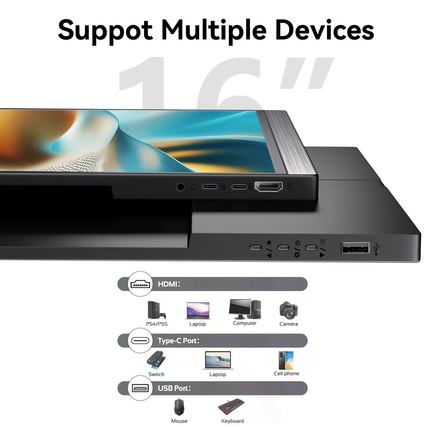 16 inch 1920x1200P portable touch high-definition monitor Type-C HDMI, suitable for mobile phone Switch PS5 Xbox laptop
