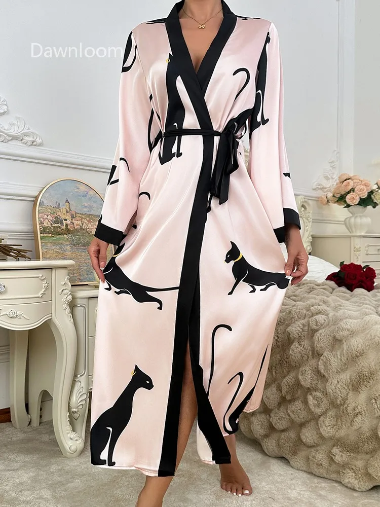 

Dawnloom Pink-Base Black Cat Print Satin Long Black-Trim Robe for Women Cute Luxury-Style Home Loungewear