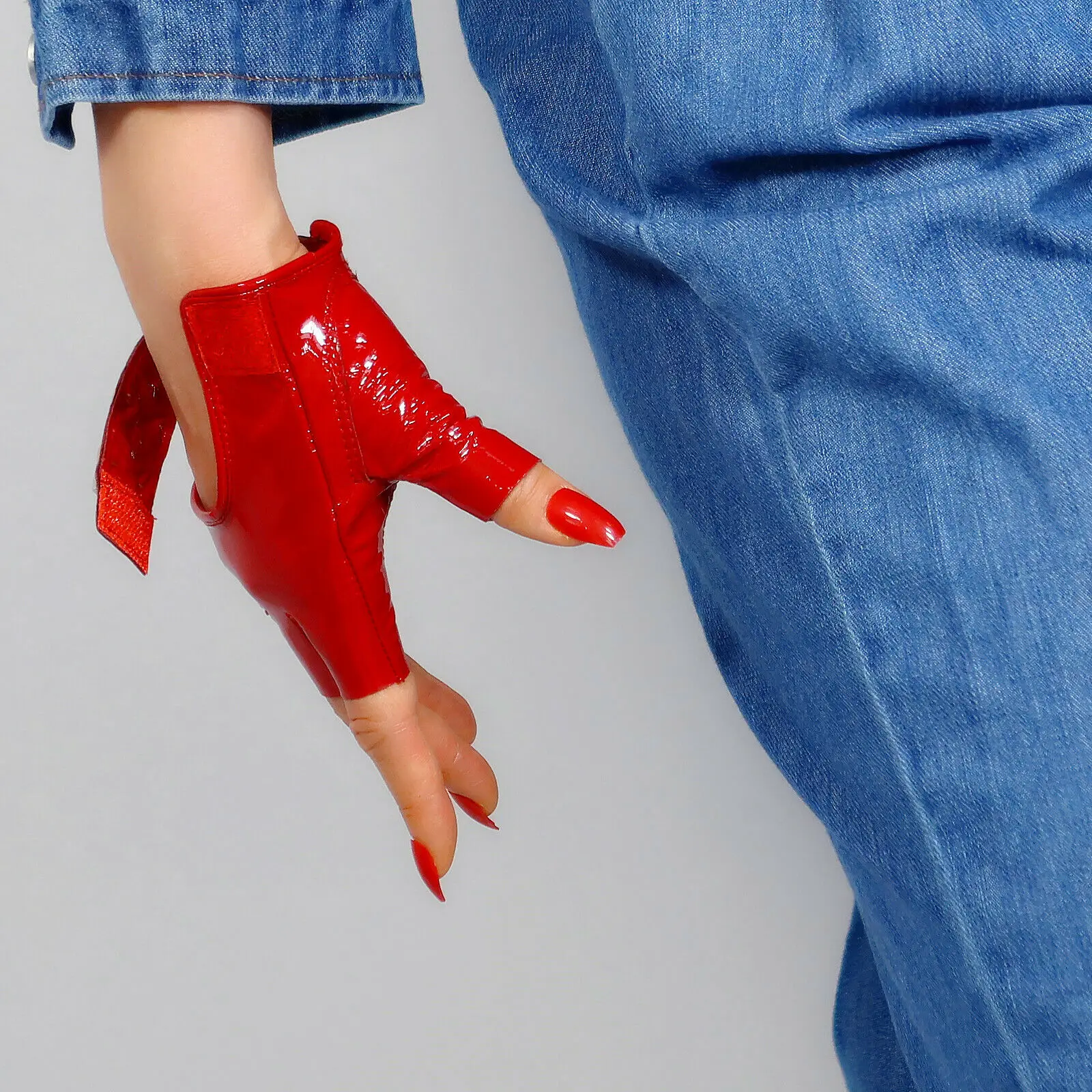 Red Fingerless Short Gloves REAL PATENT LEATHER Genuine Lambskin Silver Studs Half Finger Halloween Party Driving Cosplay Glove