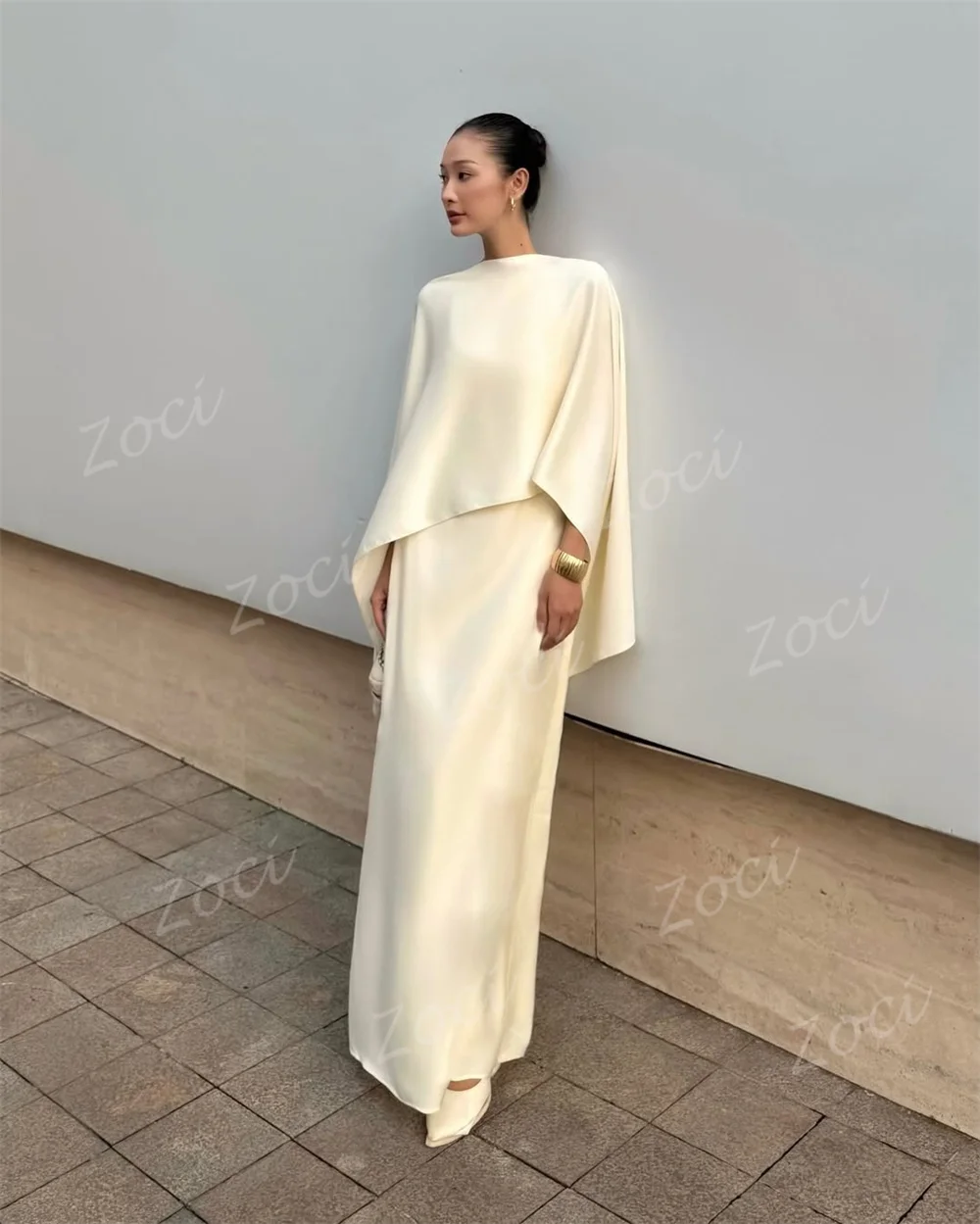 Zoci ケープスリーブ ベージュ 控えめな女性のイブニングドレス 写真撮影用 カスタマイズされたエレガントなプロムパーティードレス 結婚式のゲストドレス