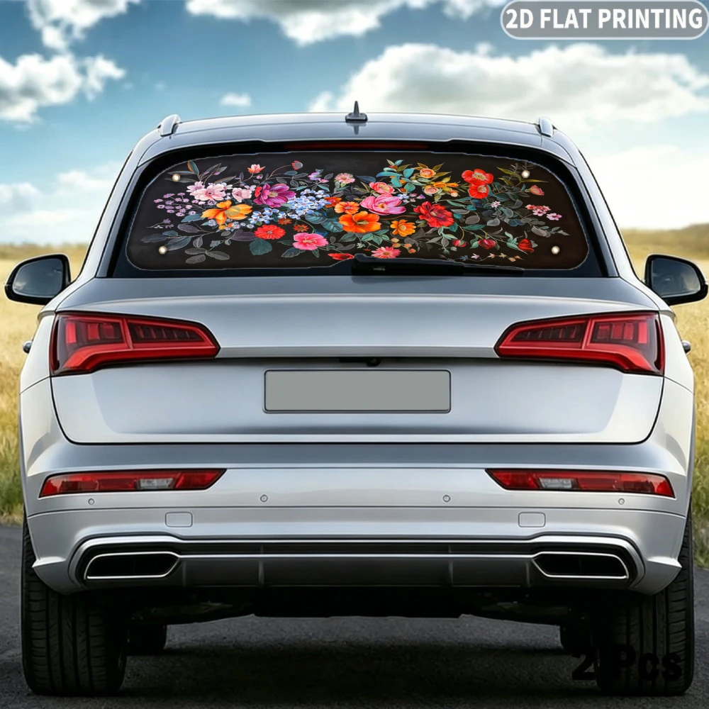 2D FLAT Printing 1pc Car Rear Window Sunshade Vibrant Floral Bouquet Pattern, 4 Suction Cups,  Block Sunlight for 4 Seasons