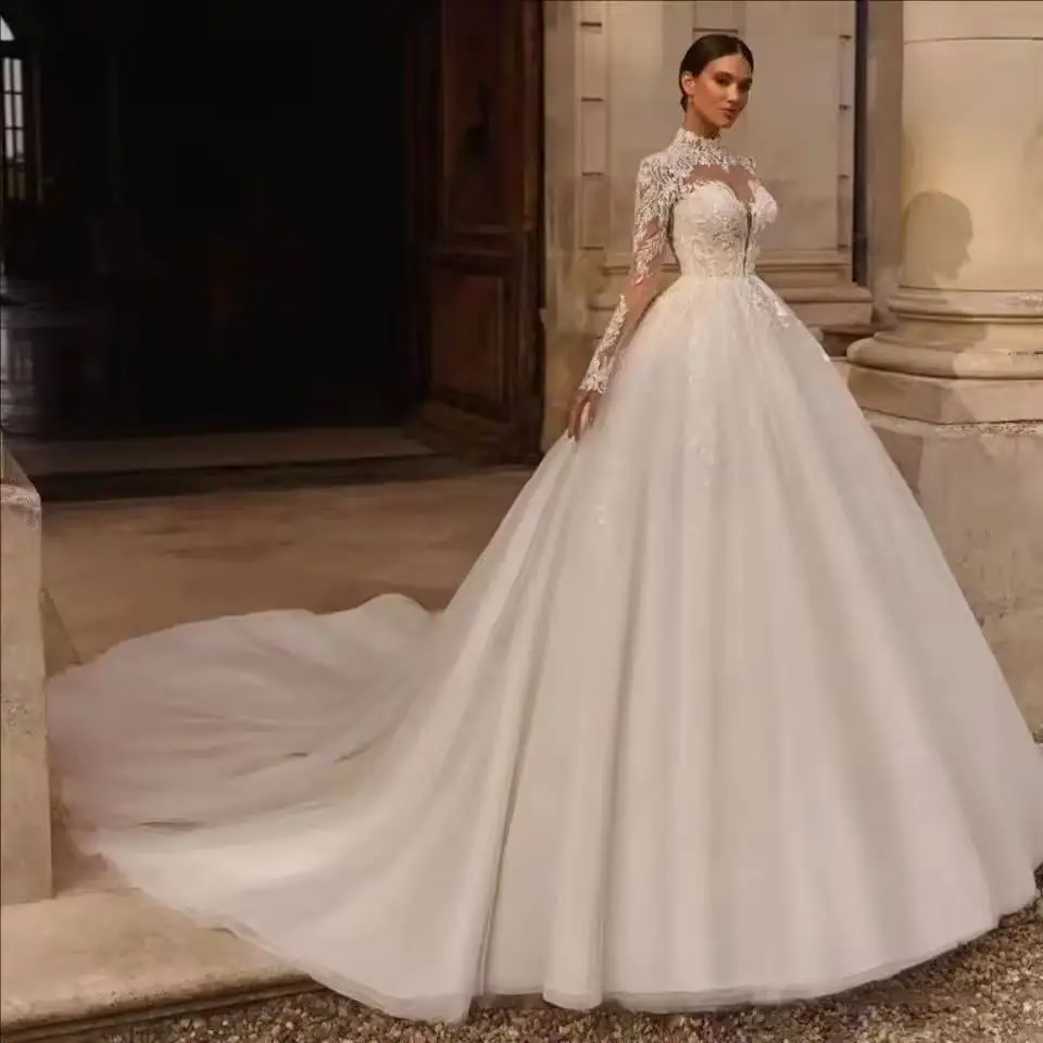 Customized Elegant V-Neck Women Wedding Dresses Lace Long Sleeves Tulle Princess A-Line Bridal Gowns Vestidos De Novias