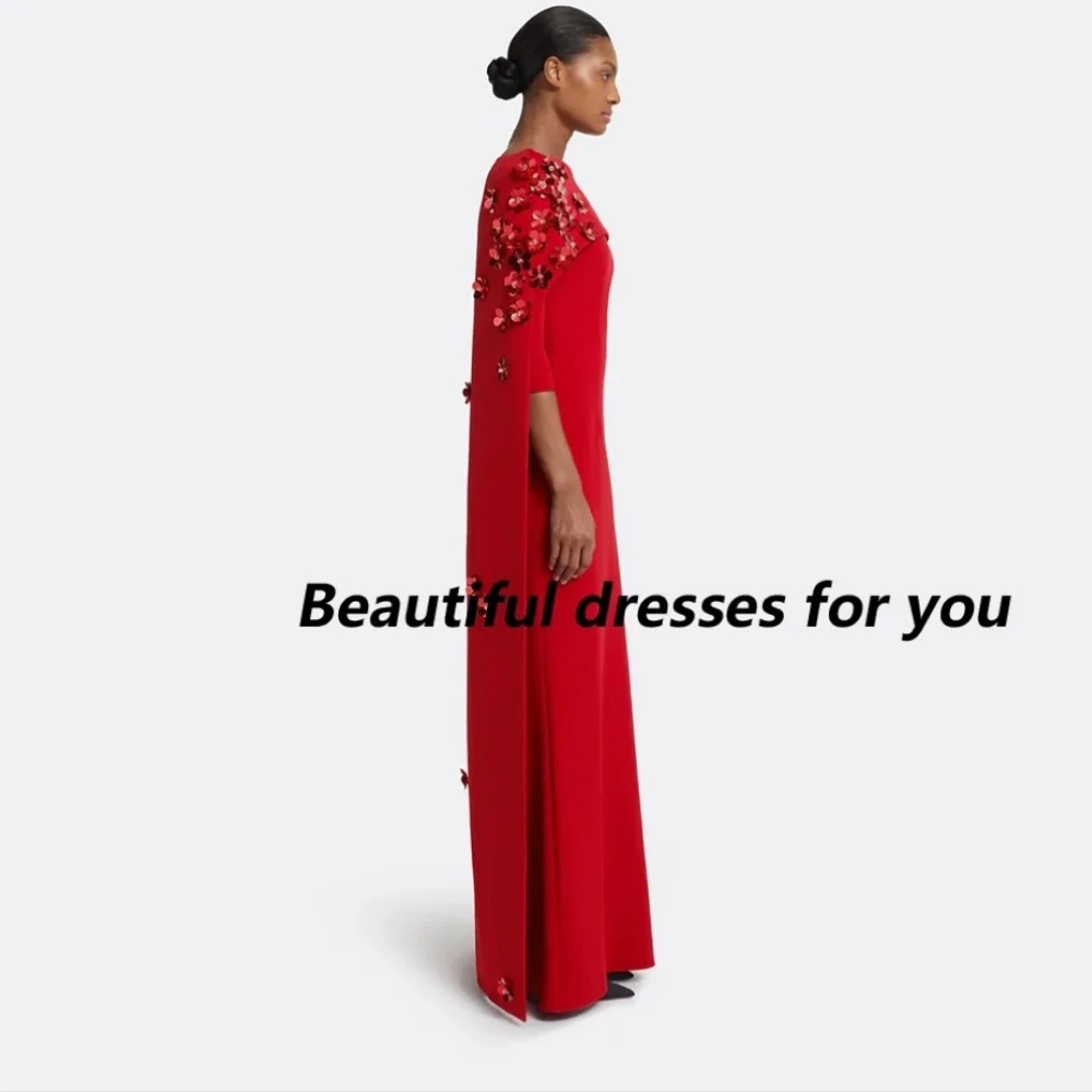 Red Prom Dresses for Women 2025 Boat Neck Half Sleeves Sequin Flowers Party Gowns Long Shawl Wedding Guest Dresses Customized image 3