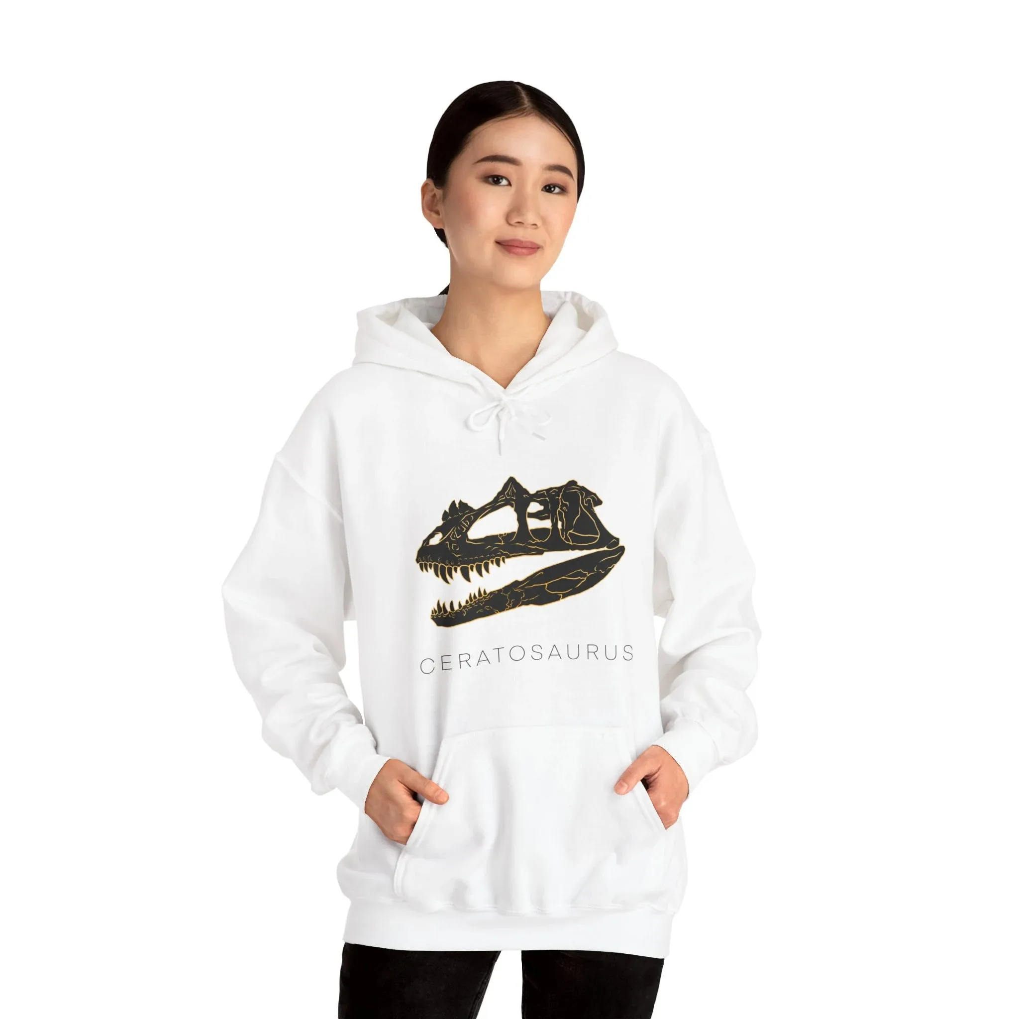 

Highly Durable Cotton Hoodie Boasting An Intricate Ceratosaurus Skull Print Tailored for Fashion Embrace Prehistoric Themes