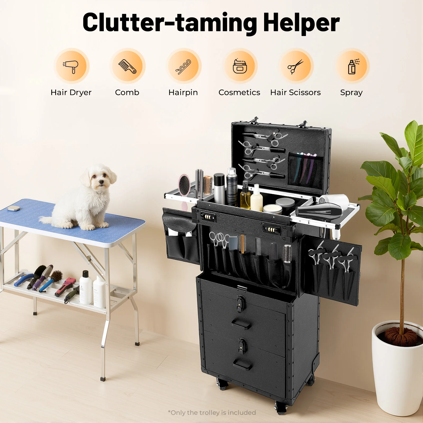 

Винтажный черный чехол для парикмахерских инструментов на колесиках с улучшенными металлическими колесами — полностью черная тележка для стилиста для профессионального использования в салоне