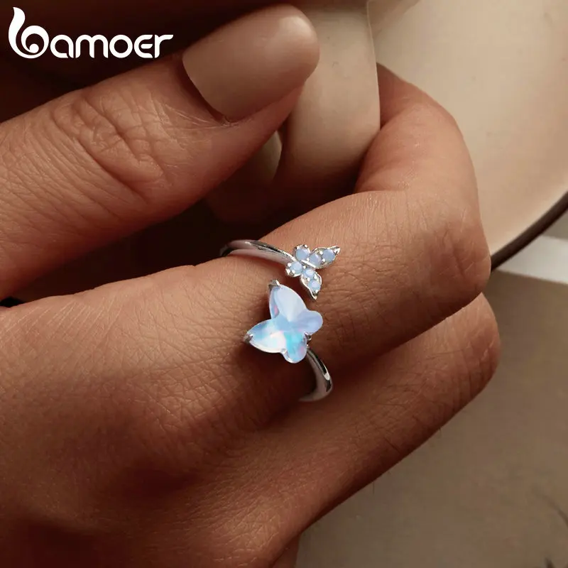 Bamoer solide 925 sterling silber schmetterling verstellbare offene ring geburtstags schmuck geschenke für frauen mädchen SCR982-E